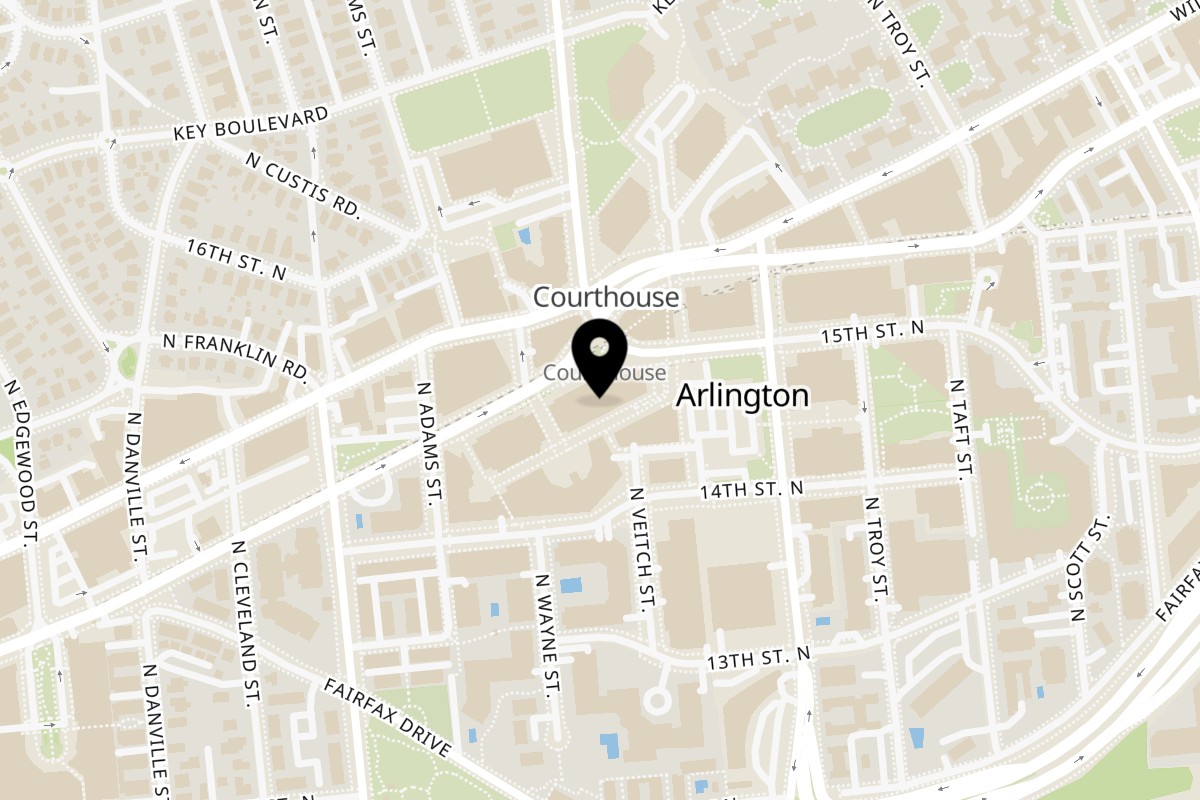 Map showing the location of Tikka Masala Street Food on 2200 Clarendon Blvd in Arlington